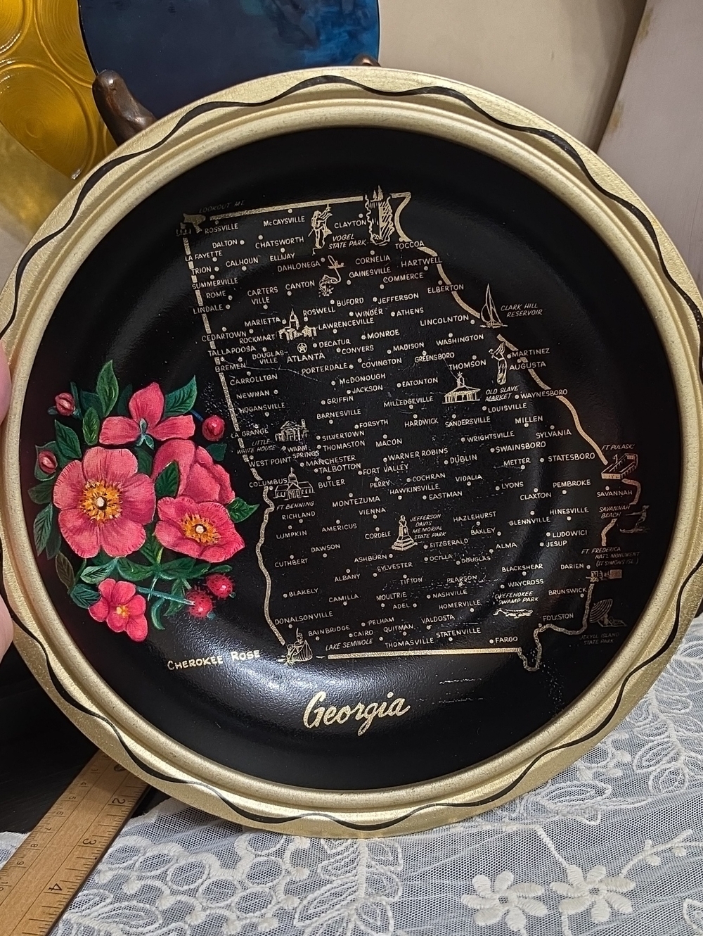 Vtg 1970 Black and Gold Georgia Decorative Serving Tray with Pink Rose Accents